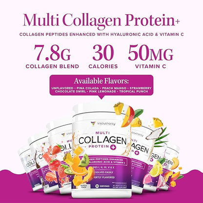 Multi Collagen Peptides Powder for Women and Men - Instant Dissolving Grass Fed Hydrolyzed Collagen Powder Drink Mix for Beautiful Hair Skin and Nails with Hyaluronic Acid and Vitamin C