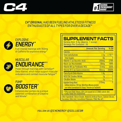 Cellucor C4 Original Pre Workout Powder Frozen Bombsicle Sugar Free Preworkout Energy for Men & Women 150mg Caffeine + Beta Alanine + Creatine - 30 Servings (Packaging May Vary)