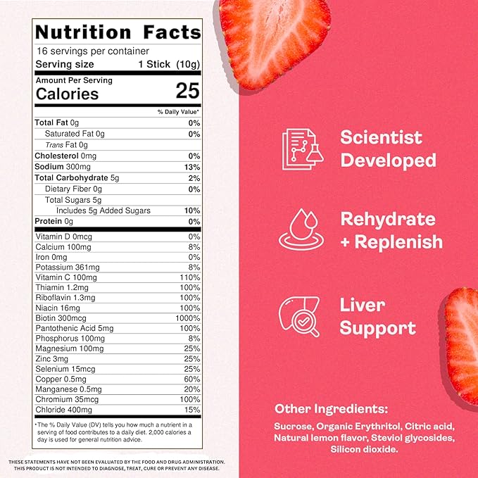 Pre and Post Drinking Liver Support for Morning Recovery | Electrolyte + Vitamins and Mineral Hydration Packs | Perfect After a Night Out | Vacation and Travel Essential (16 Pack, Strawberry)