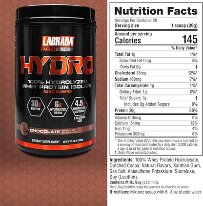 Labrada HYDRO 100% Pure Hydrolyzed Whey 6g BCAA’s, 4.5g Glutamine, 20 Servings(Chocolate)