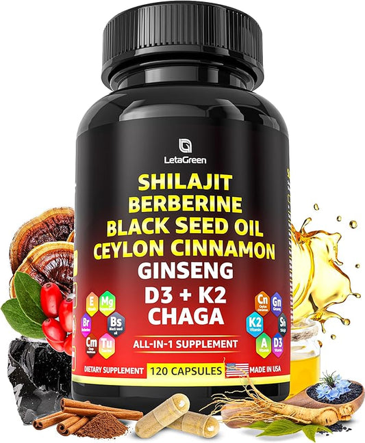 Pure Himalayan Shilajit Capsules 10,000mg 1000mg Berberine 2000mg Cinnamon 1000mg Ginseng 1000mg Chaga 500mg (120 (120 Count) All-in-1 Fulvic