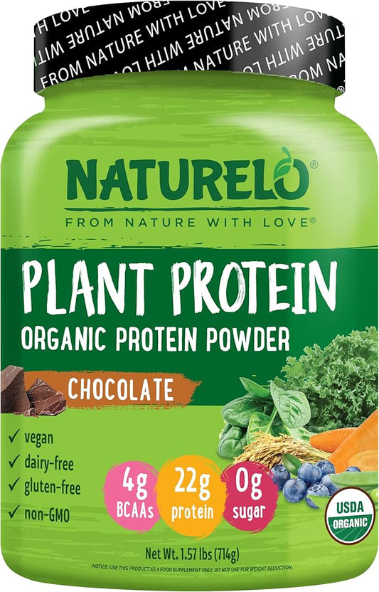 NATURELO Plant Protein Powder, Chocolate, 22g Protein 20 Servings