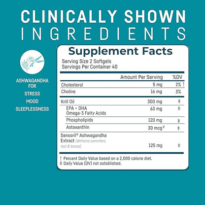 Kori Stress & Body Adaptogen Supplement - Krill Oil & Ashwagandha/Omega-3 Fatty Acids for Heart, Brain, Eye, & Joint Health/Occasional Stress, Mood, & Sleep Support / 80 softgels