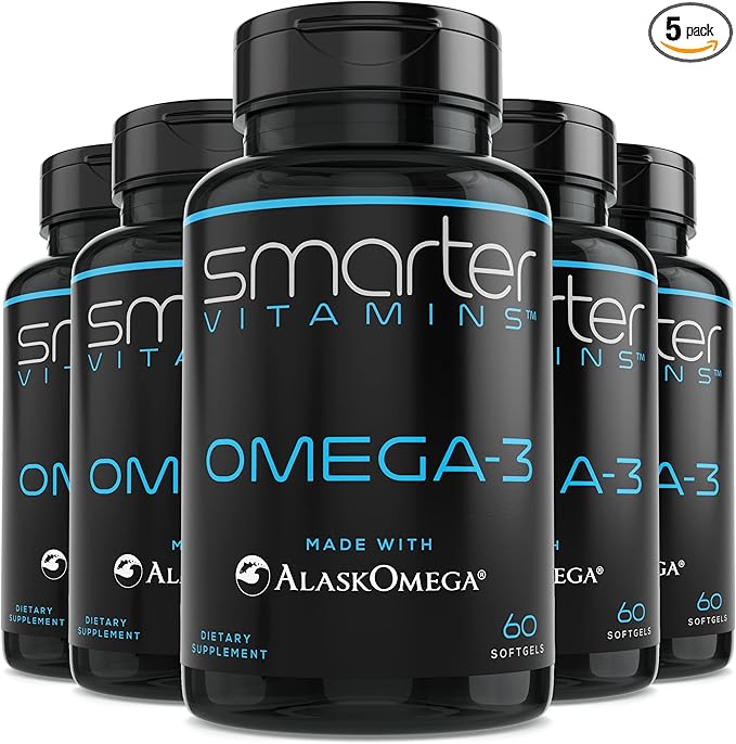 (5 Pack) Smarter Omega 3 Fish Oil, Berry Flavor, Burpless, Tasteless, 2000mg, Potent Triple Strength DHA EPA Brain Omega-3, Joint & Heart Support, Made with AlaskOmega®