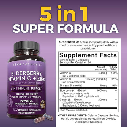 Viva Naturals Elderberry with Vitamin C and Zinc for Adults - 5 in 1 Sambucus Black Elderberry Capsules with Vitamin D3 5000 IU Immunity Supplement, Sambucus Elderberry Immune Support Supplement