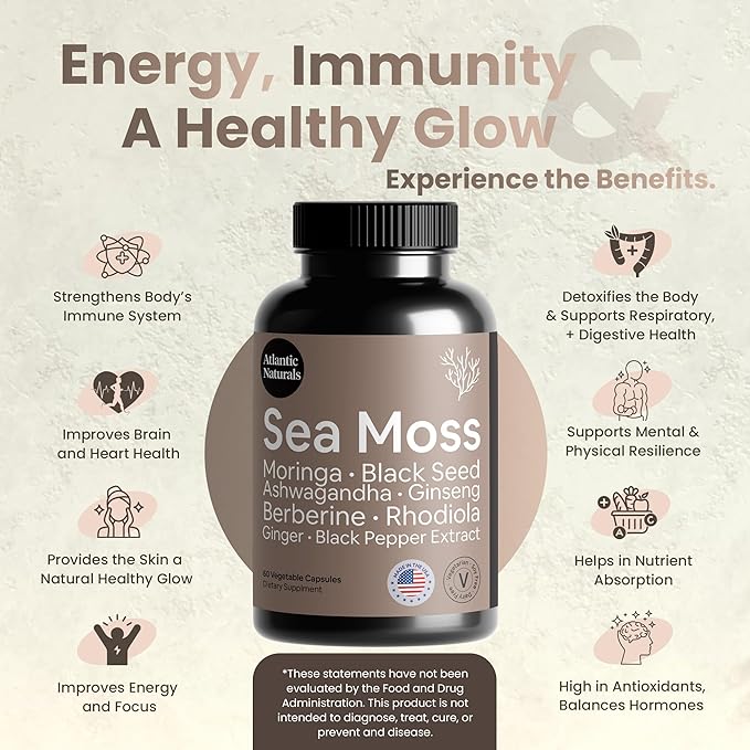 Atlantic Naturals Sea Moss Black Seed Oil Ashwagandha Ginger Capsules. Sea Moss with Black Seed Oil, Ashwagandha, Ginseng, Moringa Pure Supplement, 9-in-1 6,027 mg/Serving (60 Capsules)