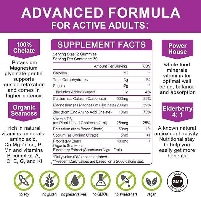 Calcium Magnesium Zinc Gummes with Magnesium 200mg, Potassium D3, 60veggie 60veggie Whole