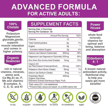 Calcium Magnesium Zinc Gummes with Magnesium 200mg, Potassium D3, 60veggie 60veggie Whole