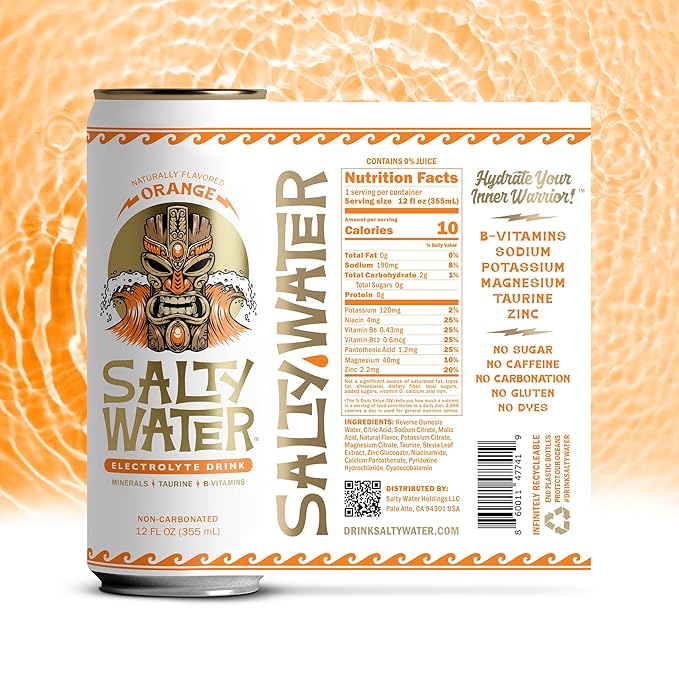 SaltyWater Electrolyte Drink, Orange – Zero Sugar Premium Hydration Drink, 10 Calories, Minerals, Taurine, B-Vitamins, Non-Carbonated - Zero Caffeine Electrolyte Sports Drink - Keto, Paleo, Vegan - 12 Pack (12 oz)