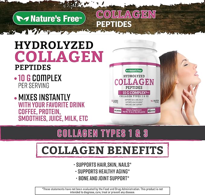 Nature's Free Hydrolyzed Collagen Peptides Powder 10G Hair, 9g Protein 1lb Unflavored 45 Servings 45 Days