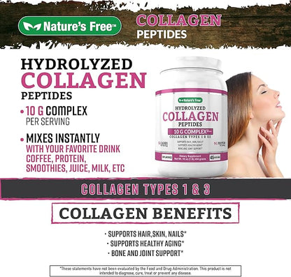 Nature's Free Hydrolyzed Collagen Peptides Powder 10G Hair, 9g Protein 1lb Unflavored 45 Servings 45 Days