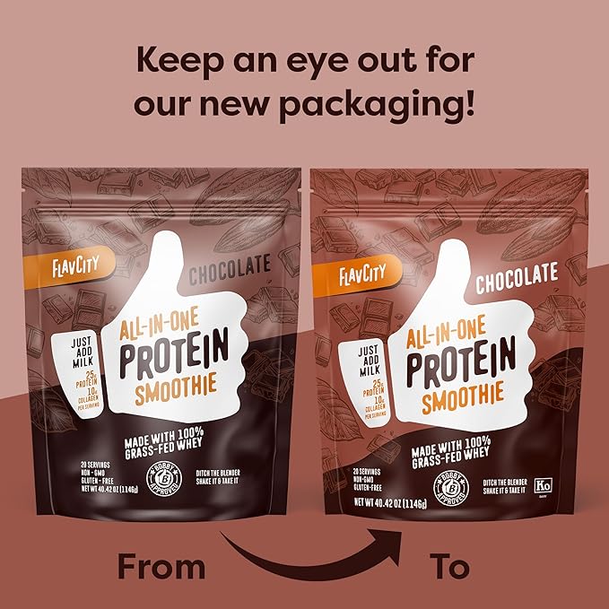 FlavCity Protein Powder Smoothie, Chocolate - 100% Grass-Fed Whey Protein Smoothie with Collagen (25g of Protein) - Gluten Free & No Added Sugars (40.42 oz)