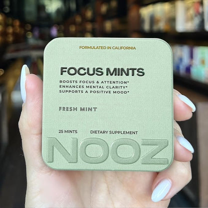 NOOZ Focus Mints - Caffeine-Free Brain Booster for Mental Clarity - Fresh Mint Flavor | Sugar-Free, Travel-Friendly Supplement with Vitamins C, B6, B12 - Non-GMO, Clean Label, 25 Mints