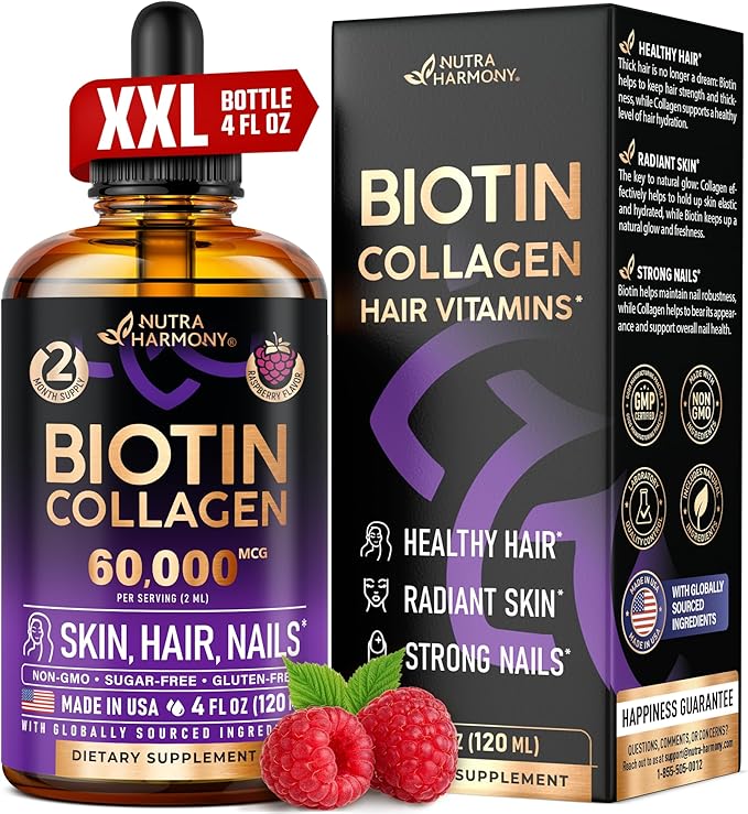 Liquid Biotin & Collagen - Vitamins for Hair Growth Support for Women & Men - Extra Strength 60000 mcg Drops - B7 Supplement - Strong Nails & Healthy Skin - 98% Faster Absorption Than Pills