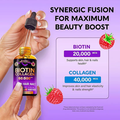 Liquid Biotin & Collagen - Vitamins for Hair Growth Support for Women & Men - Extra Strength 60000 mcg Drops - B7 Supplement - Strong Nails & Healthy Skin - 98% Faster Absorption Than Pills