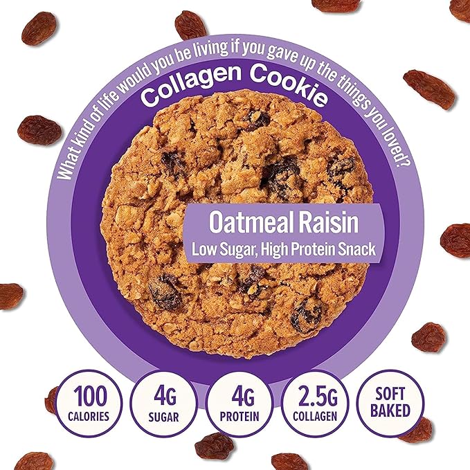 321glo Collagen Protein Cookies, Soft-Baked Cookies, Low Carb and Keto Friendly Treats for Women, Men, and Kids, 12-PACK (Oatmeal Raisin)