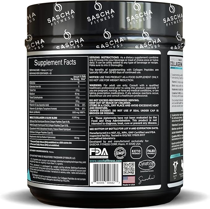 SASCHA FITNESS Hydrolyzed Multi Collagen Peptides 1,2 & 3 |Hyaluronic