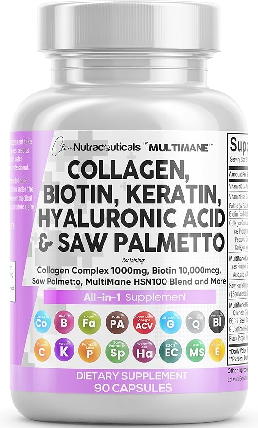 Clean Nutraceuticals Collagen Pills 1000mg Biotin 10000mcg Keratin 90 Count