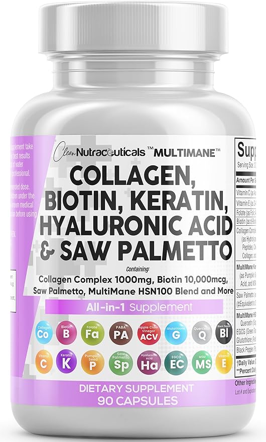 Clean Nutraceuticals Collagen Pills 1000mg Biotin 10000mcg Keratin 90 Count