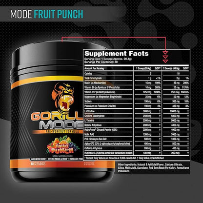 Gorilla Mode Pre Workout - Massive Pumps · Laser Focus · Energy · Power - L-Citrulline, Creatine, L-Tyrosine, Betaine, Hydroprime®, Alpha-GPC, 400mg Caffeine, Huperzine A - 816g (Fruit Punch)