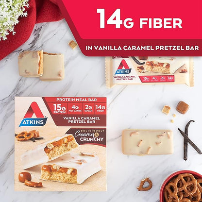 Atkins Vanilla Caramel Pretzel and Double 15g Protein, 2g and 1g Sugar, 5 Count