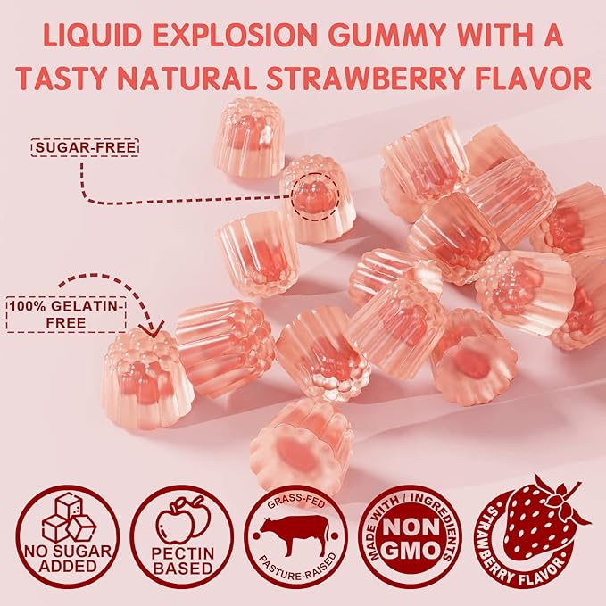Sugar-Free Hydrolyzed Collagen Peptide Filled Gummies,Extra 1500mg Protein 5000mcg Biotin D3 B6 B6 B12 B12 for