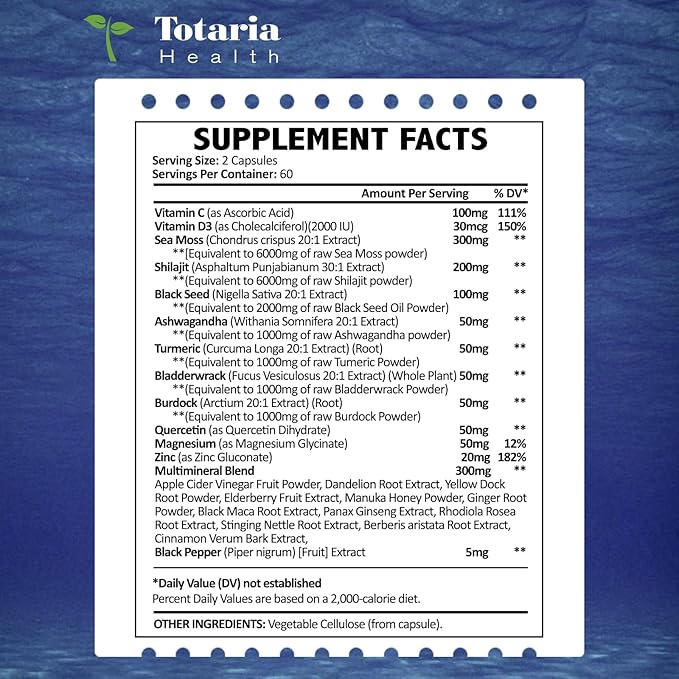 25-in-1 Sea Moss Black Seed Oil 18525mg, Sea C&D3 for 120 Caps