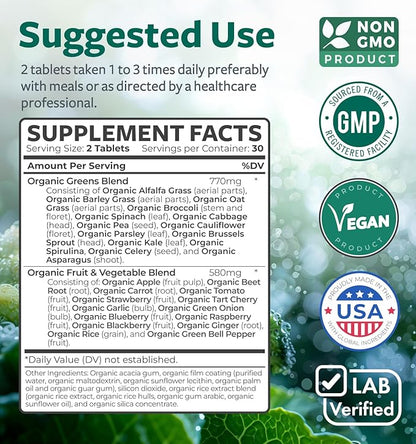 USDA Organic Greens Powder (60 Tablets) Convenient Pills - Complete Superfood Supplement with 28 Fruits & Vegetables - Super Antioxidants, Energy, Gut Health, and Immune Support (No Capsules)