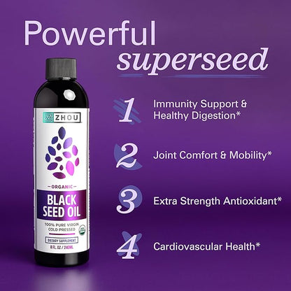 Zhou Organic Black Seed Oil | 100% Virgin Cold Pressed Omega 3 6 9 | Super Antioxidant for Immune Support, Joints, Digestion, Hair & Skin | Vegan, Gluten-Free, Non-GMO | 8oz