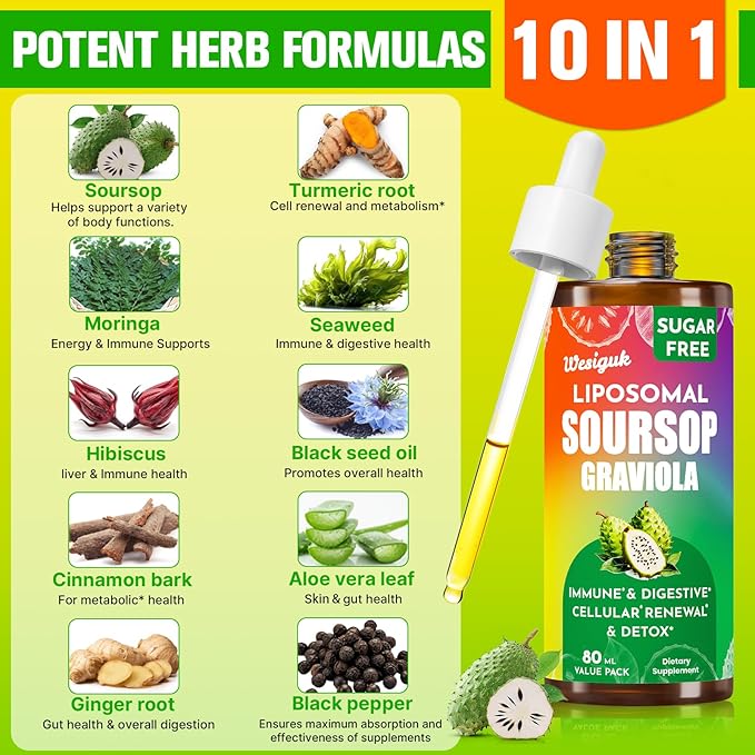 Soursop Bitters Liquid 880MG, Soursop Multivitamin Liquid Drops with Soursop Leaves Herbal Blend, for Cell Support & Regeneration, Immunity, Liver, Gut, Zzz & Antioxidant | 320 Days Supply