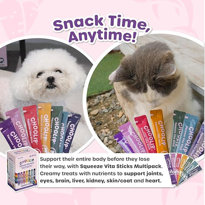 Squeeze Vita Stick Lickable Treats for Dogs & Cats. 49 Variety support sticks with essential multivitamins. Soft and tasty paste for all life stages