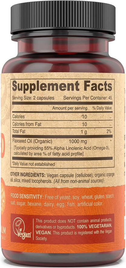 DEVA Organic Vegan Vitamins Flax Seed Oil Omega-3, Cold-Pressed 90 Capsules, 2-Pack
