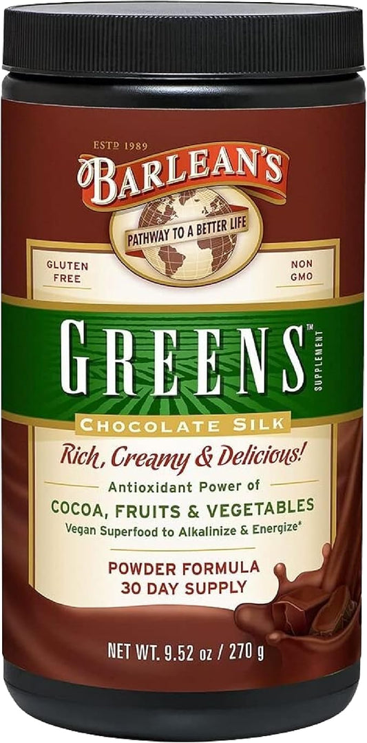 Barlean's Chocolate Greens Powder, Daily Fruits and Veggies Superfood Supplement, Green Antioxidant Blend and Fiber Super Power Smoothie Mix, 9.52 oz