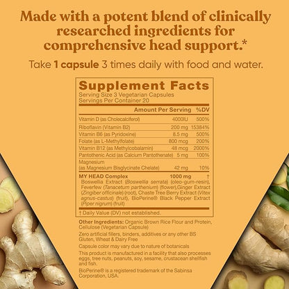 My Head! Headache Vitamins – Sensitivity, Tension, Comfort, Healthy Head Function for A Clear Mind – Fast acting Magnesium, Feverfew, Boswellia, Vitamin D, Ginger, & More – 60 Soft Capsules