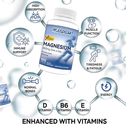 Magnesium Supplement Complex MGSPORT - High Absorption Supplement with Vitamins B6, D, E - Relieves Leg Cramps & Muscle Support - 100 Servings