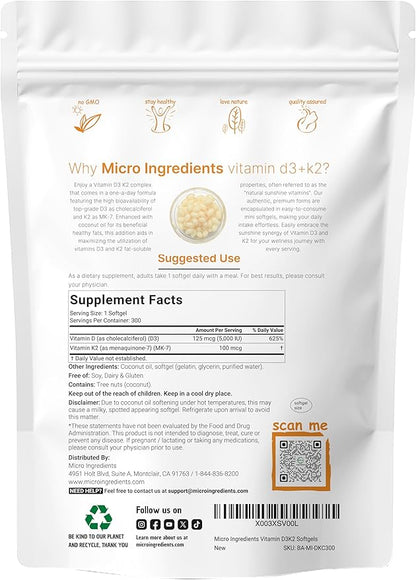 Micro Ingredients Vitamin D3 5000 IU K2 (MK-7) (MK-7) 100 100 mcg, 300 Virgin 2 in 1 Vitamins