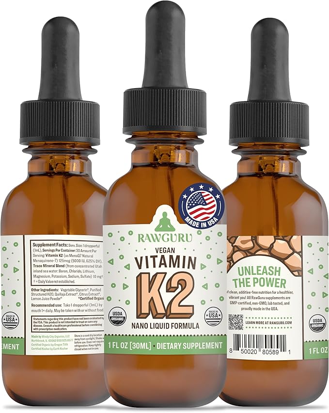 RawGuru Vitamin K2 Supplement - Organic Vegan Vitamin K2 MK7 with Trace Minerals - Nano-Processed Antioxidant & Immune Support Supplement Tincture - 30 Servings of Vegan Drops per 30 ml, Pack of 1
