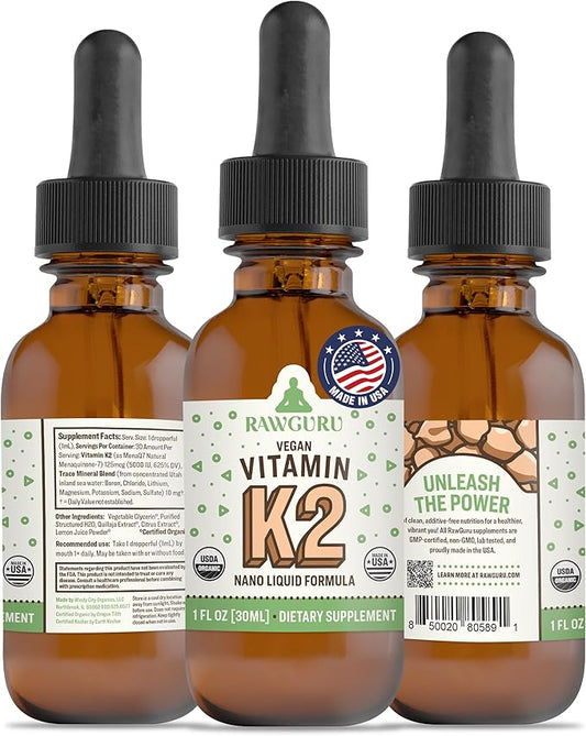 RawGuru Vitamin K2 Supplement - Organic Vegan Vitamin K2 MK7 with Trace Minerals - Nano-Processed Antioxidant & Immune Support Supplement Tincture - 30 Servings of Vegan Drops per 30 ml, Pack of 1