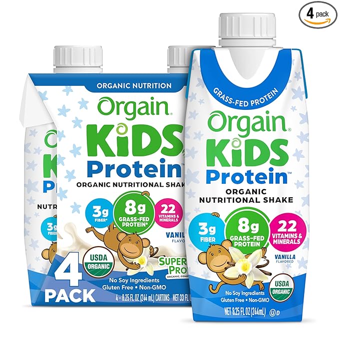Orgain Organic Kids Nutritional Protein Shake, 8g Dairy 3g Fiber, 22 Vitamins 8.25 Fl (4 Pack)