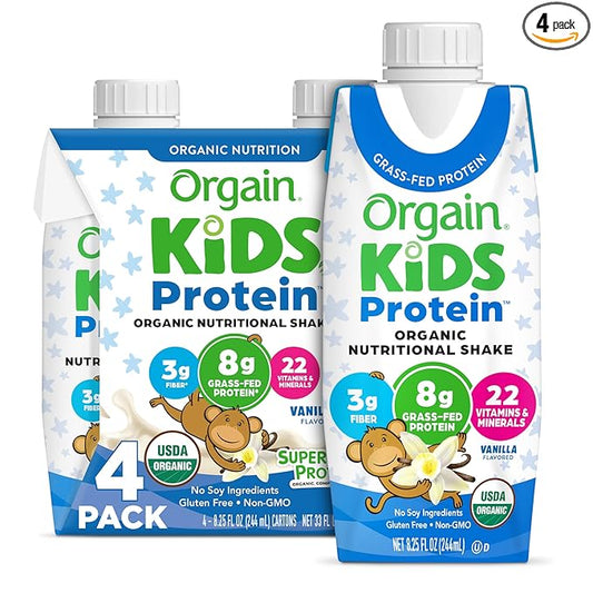 Orgain Organic Kids Nutritional Protein Shake, 8g Dairy 3g Fiber, 22 Vitamins 8.25 Fl (4 Pack)