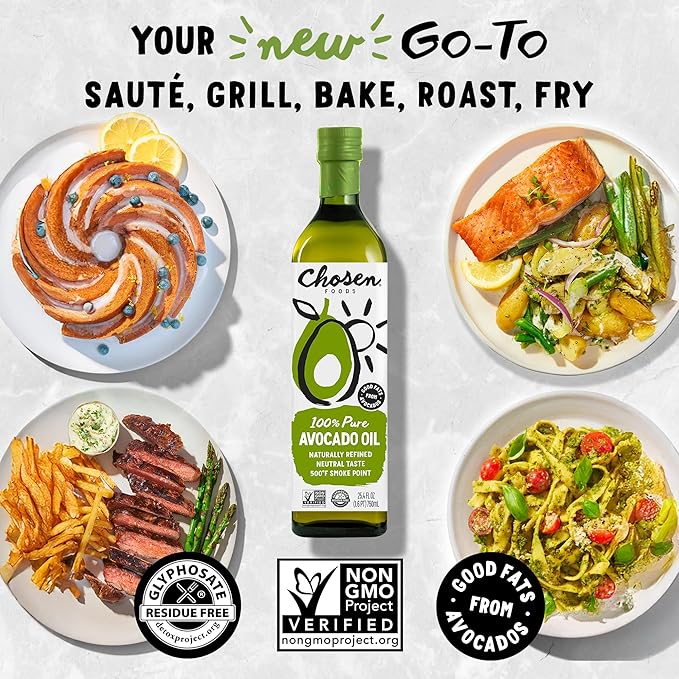 Chosen Foods 100% Pure Avocado Oil for Cooking - 25.4 floz - Rich in Good Fats, Vitamin E, Naturally Refined, High Smoke Point, Non-GMO, Soy-Free, Canola Oil-Free, Gluten-Free, Paleo, Keto + Digital Recipe Book