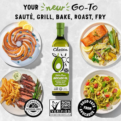 Chosen Foods 100% Pure Avocado Oil for Cooking - 25.4 floz - Rich in Good Fats, Vitamin E, Naturally Refined, High Smoke Point, Non-GMO, Soy-Free, Canola Oil-Free, Gluten-Free, Paleo, Keto + Digital Recipe Book
