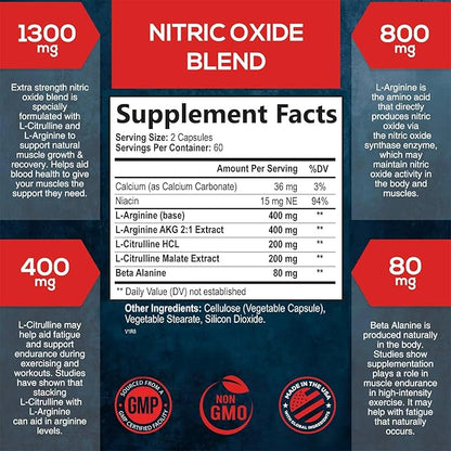 Extra Strength Nitric Oxide Supplement L 3X Strength 120 Capsules