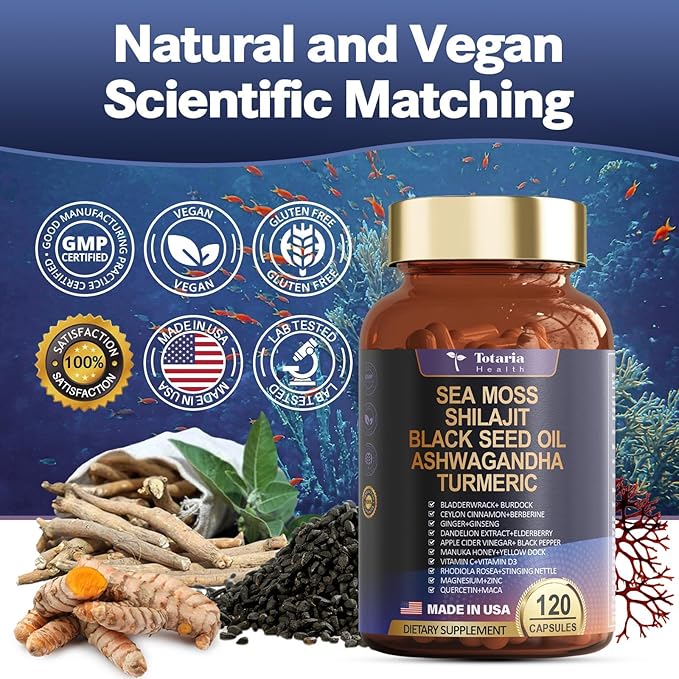 25-in-1 Sea Moss Black Seed Oil 18525mg, Sea C&D3 for 120 Caps