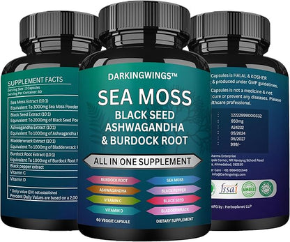 Sea Moss Advanced - Irish Sea Moss 3000mg Black Seed Oil 2000mg Ashwagandha 1000mg Bladderwrack 1000mg Burdock 1000mg Vitamins C&D - Sea Moss Overall Health, Immunity Support, 60 Sea Moss Capsules
