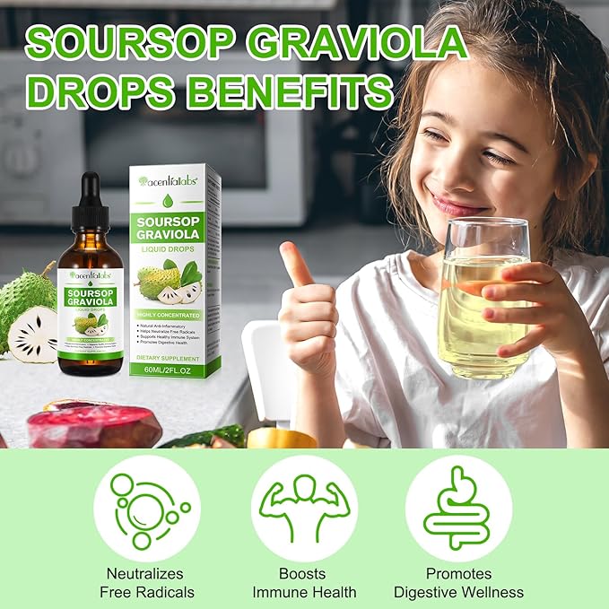 Soursop Graviola Liquid Drop, Nature Soursop Extract Liquid for Cell Support & Regeneration, Immunity, Liver & Antioxidant, Easy to Absorption, 2 Fl Oz