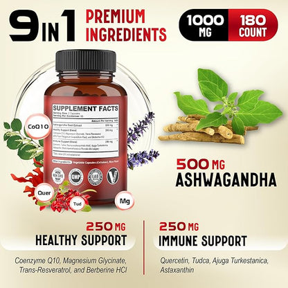 Ashwagandha Capsules w Healthy Support & CoQ10, Magnesium 180 Pills