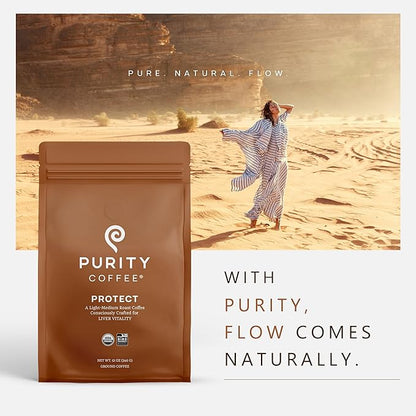 Purity Coffee PROTECT Light-Medium Roast Ground Coffee for Liver Vitality - USDA Organic and Third-Party Tested for Antioxidants, Mold, Mycotoxins and Pesticides - 12oz