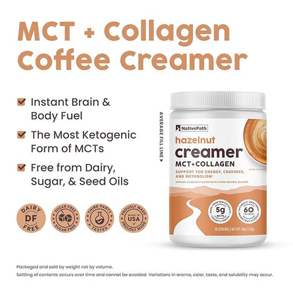 NativePath Keto Coffee Creamer Powder Hazelnut — Keto-Friendly, Non-Dairy & Low Sugar Creamer. Made with Grass-fed Collagen Protein Powder, MCT Oil & Monk Fruit. Soy & Gluten Free (7.6OZ)