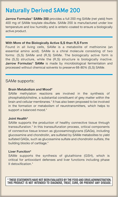 Jarrow Formulas Same 200 mg - 60 Tablets - Highest Concentration of Active S,S Form - Supports Joint Health, Liver Function, Brain Metabolism & Antioxidant Defense - 60 Servings